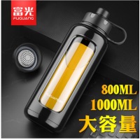 富光大号玻璃杯超大容量塑玻双层水杯泡茶杯男女便携1L防摔杯子1000ml 1000ML 黑色 双口版