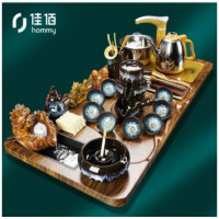 佳佰功夫茶具套装家用整套流水茶盘自动烧水壶茶托茶杯客厅现代简约茶台 龙珠沙金石磨套装