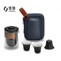 佳佰 旅行茶具便携功夫茶具套装快客杯 玻璃茶壶陶瓷茶杯旅游茶具便捷包 禅风黑