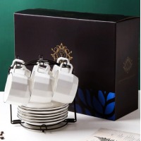 友来福 咖啡杯套装 欧式咖啡杯子陶瓷马克杯具办公室商务6杯6碟6勺1杯架礼盒装