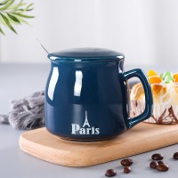 贝瑟斯 办公室喝水杯子 咖啡杯套装 陶瓷茶杯杯马克杯带盖带勺牛奶杯早餐杯 陶瓷杯子 蓝色