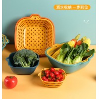 拜格 洗菜沥水篮 双层洗菜盆厨房滤水篮洗水果盘沥水漏盆 深海蓝 大号