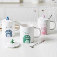 瓷魂咖啡杯个性可爱陶瓷杯子水杯马克杯带盖带勺 小恐龙420ML 绿色