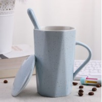 贝瑟斯简约办公室马克杯带盖带勺陶瓷杯创意牛奶杯菱形情侣杯 蓝色