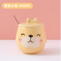 贝瑟斯小狗表情杯子带盖带勺陶瓷杯可爱咖啡马克杯水杯黄色400ml