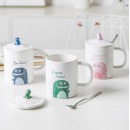 瓷魂咖啡杯个性可爱陶瓷杯子水杯马克杯带盖带勺 小恐龙420ML 绿色