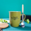 贝瑟斯 北欧风马克杯带盖带勺咖啡杯套装创意牛奶杯大容量陶瓷杯子绿色