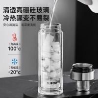 苏泊尔（SUPOR）一键开盖玻璃杯双层防烫茶水分离男士泡茶车载水杯便携商务茶滤款400ml