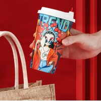 拜杰一次性杯子一次性咖啡杯带盖国潮纸杯奶茶豆浆热饮杯500ml25只